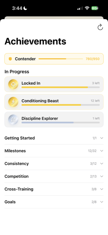 Achievements screen showing rank progress and badge categories