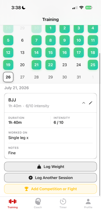 A logged BJJ session showing duration, intensity, techniques worked, and notes